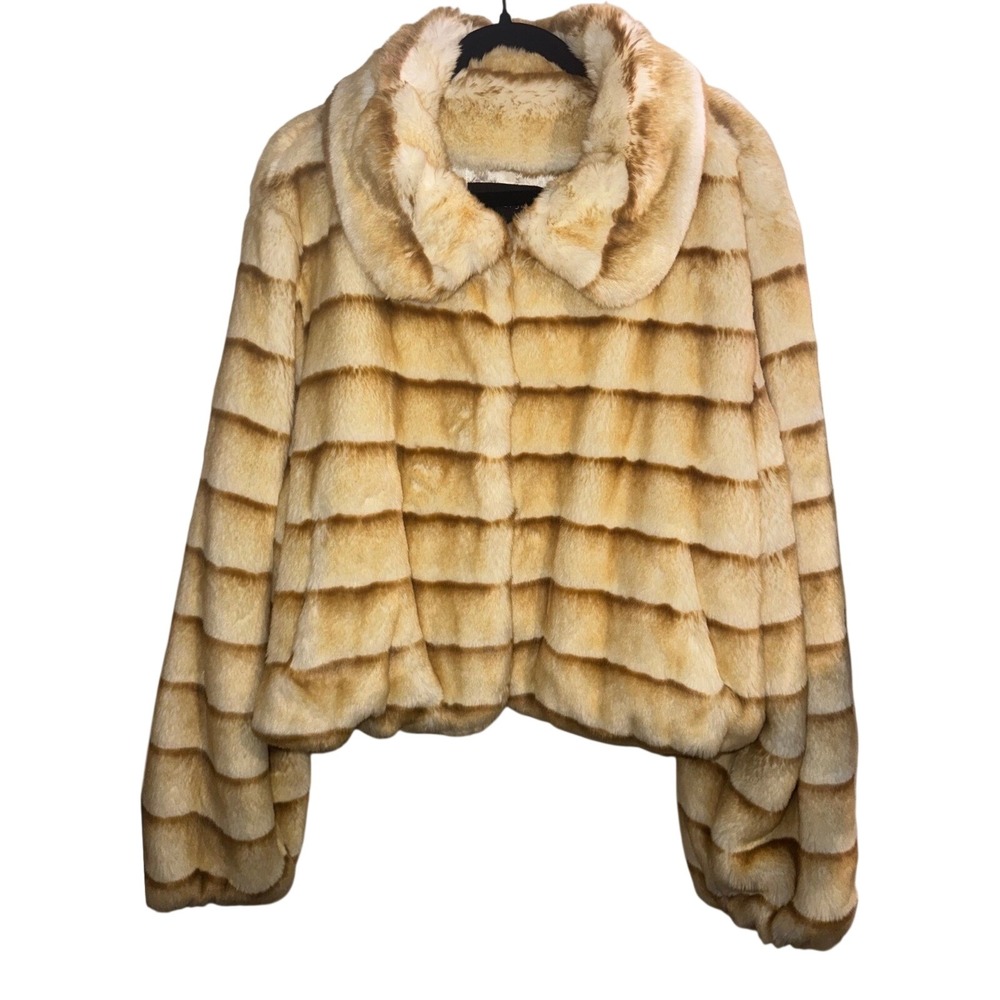 Ashley Stewart Faux Fur Striped Jacket Gold Cream Cropped Wide Collar 2X NEW